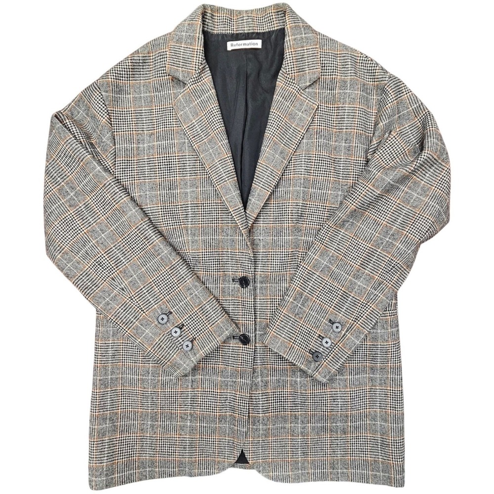 Reformation Oversized Blazer Women S Grey Plaid Wool Blend Heritage Quiet Luxury